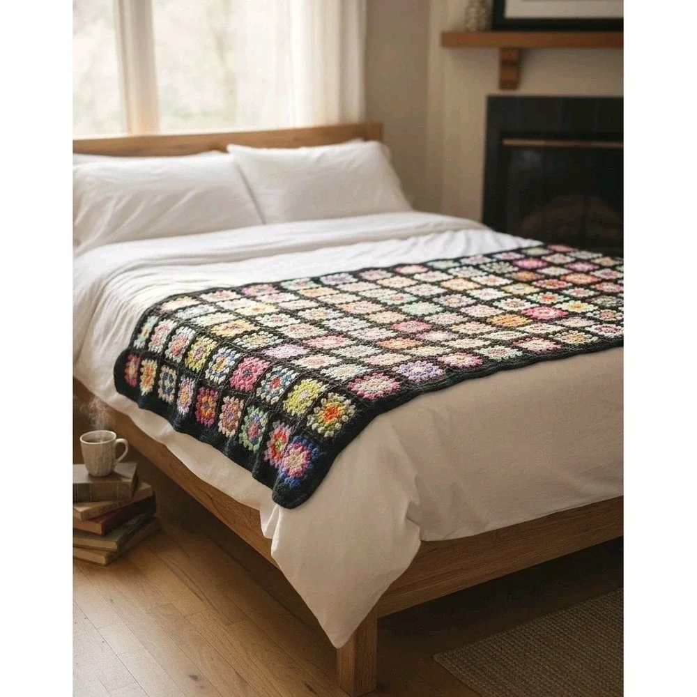 Vtg Handmade Multicolor Crochet Granny Square Home Decor Afghan Blanket 59
